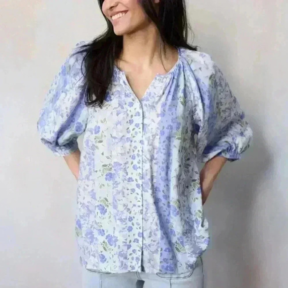 LC Lauren Conrad Blue Blooming stripe Floral Raglan Sleeve Button Top Large blue - Picture 2 of 8